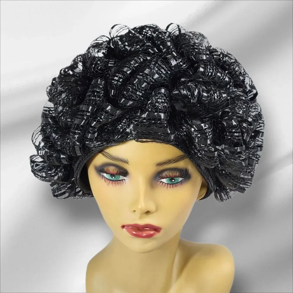 Vintage 1950s Carson Pirie Scott Black Cellophane Straw Bubble Toque Turban Hat